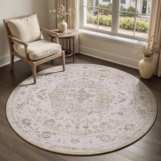 PADOOR 6FT Round Rug, Rugs for Living Room, Soft Beige Circle Rug, Machine by PADOOR