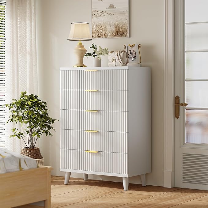 Lulive White Dresser for Bedroom Wood Tall Dressers Drawers, Fluted Modern - Image 4