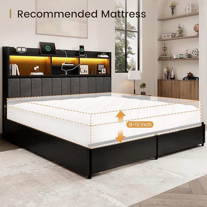King Bed Frame with 6 Storage Drawers, Linen Upholstered Headboard, Built-in - Image 8