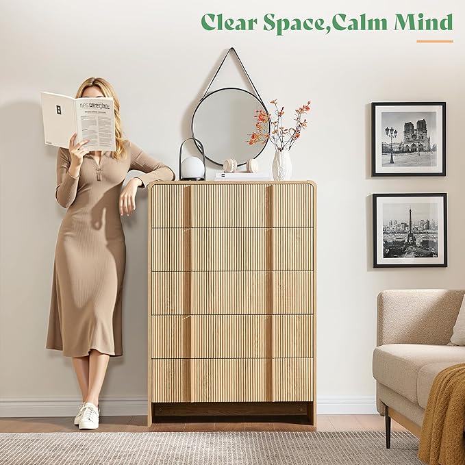 AMERLIFE Fluted 5 Drawer Dresser, Rounded Corners & Anti-Tip Design, Wood - Image 7