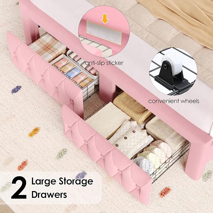 Keyluv Full Bed Frame with LED Lights and 2 Storage Drawers, Velvet Upholstered - Image 6