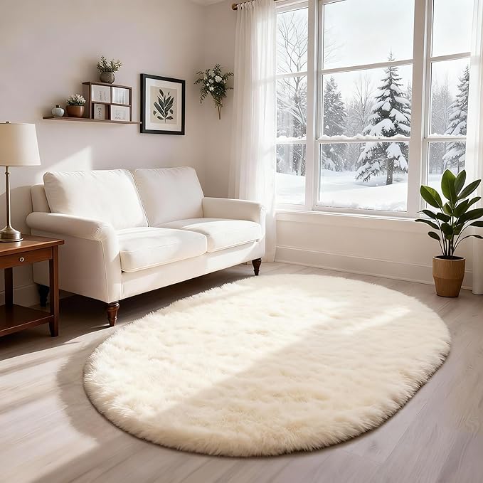 Ophanie 4x6 Oval Ivory Rugs for Bedroom Living Room, Fluffy Fuzzy Furry Carpet - Image 6