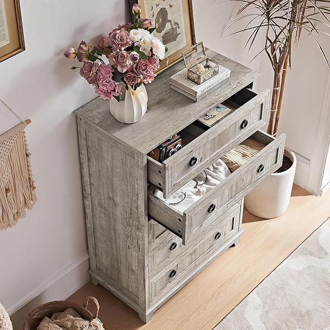 Farmhouse 5 Drawer Dresser for Bedroom Set of 2, Rustic Wood Dresser - Image 4