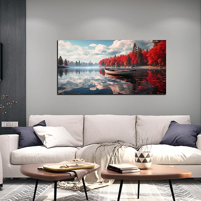 Large Wall Art for Living Room Bedroom Office Red Forest Wall Art Lake - Image 4
