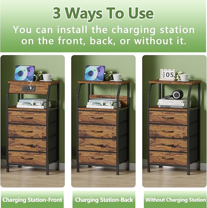 Furnulem Night Stand with Charging Station, Small Dresser with 4 Fabric Drawers - Image 6