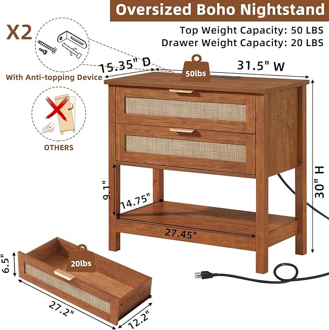 LEYAOYAO 31.5" Wide Rattan Night Stand - Image 2