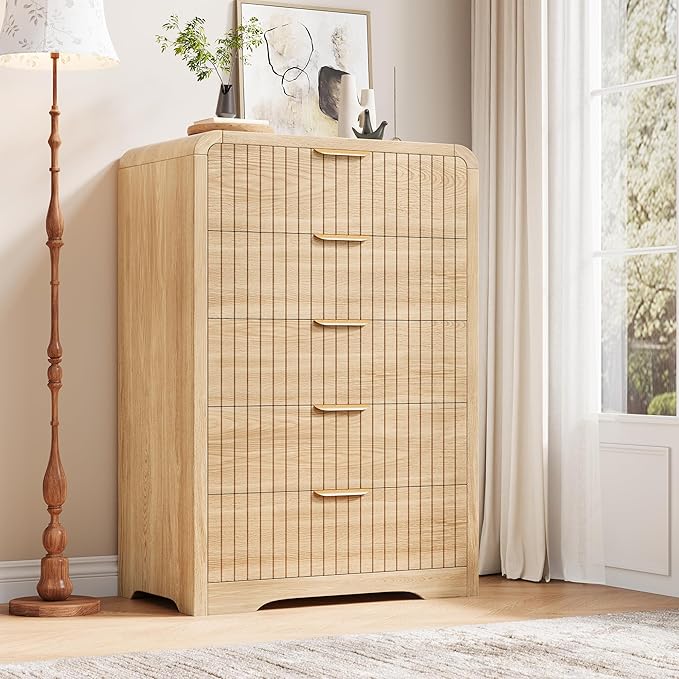 Fluted 5 Drawer Dresser, Wood Mid Century Vertical Dresser Natural Texture - Image 3