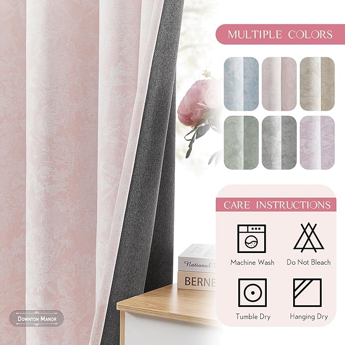 Beauoop Pink Floral Jacquard Blackout Curtains 84 Inches Long 2 Panels - Image 7