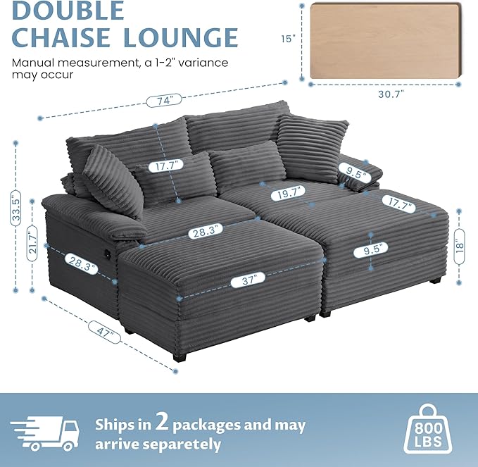 SUNWAVE 74" Double Chaise Lounge Chair Indoor, Oversized Loveseat - Image 2