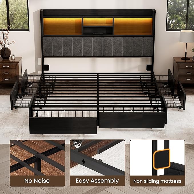 King Bed Frame with 6 Storage Drawers, Linen Upholstered Headboard, Built-in - Image 7