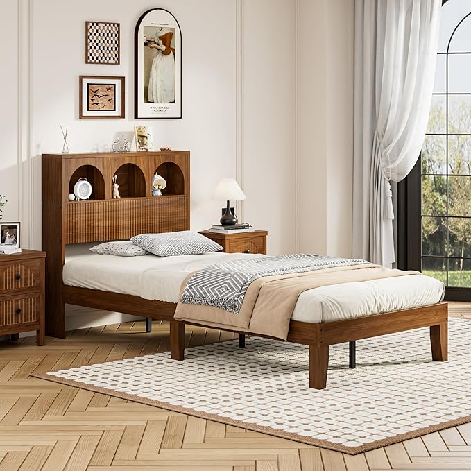 Twin Bed Frame with Wave Headboard, Wooden Headboard with 3 Arched Storage - Image 7