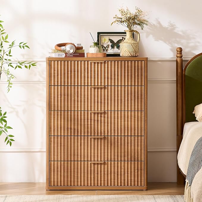 LEYAOYAO Fluted 5 Drawers Dresser Set of 2, Curved Profile Dresser TV Stand - Image 5