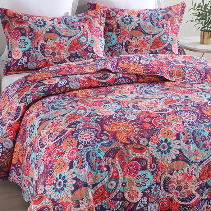 Cotton Bedspread Quilt Sets Reversible Bedding Coverlet Sets Comforter Paisley - Image 4