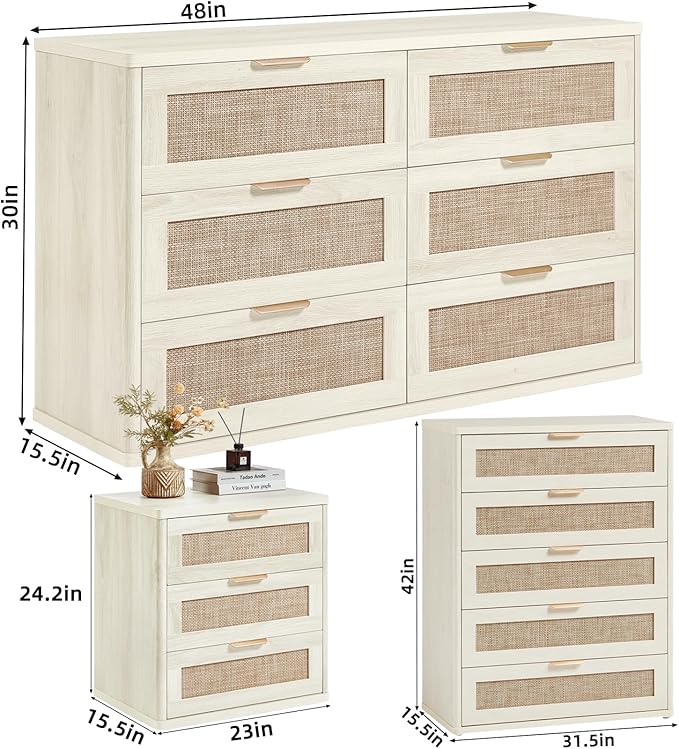 LEYAOYAO Rattan Dresser and Nightstand Sets 3, Boho Wood Dresser - Image 3