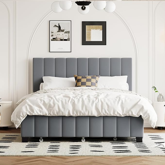 Queen Bed Frame with Trundle Bed, Velvet Upholstered Platform Bed Frame with - Image 3