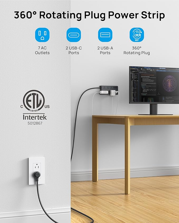 TROND 360° Rotating Plug Power Strip, ETL Listed, Flat Plug 10ft Extension Cord - Image 3