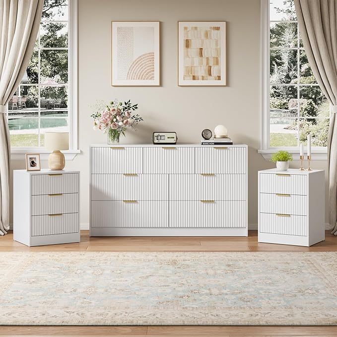 7 Drawer Dresser & Nightstand Set, 3-Piece White Fluted Dresser and Night Stand by NOVAMAISON