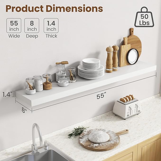 55 Inch Floating Shelves for Wall, 8 Inch Deep Floating Shelf for Storage & - Image 3