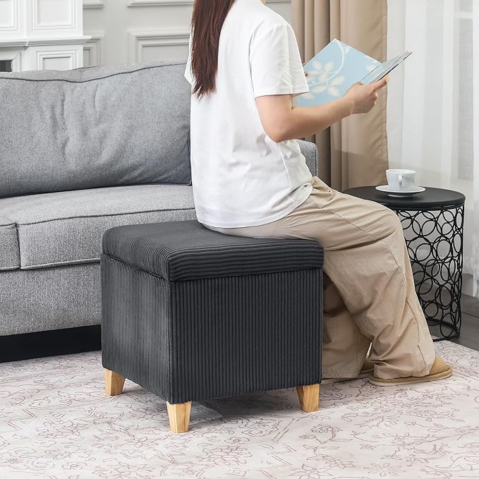 Adeco 18 Inch High Faux Fur Grey Cube Ottoman Storage, Fluffy Striped Velvet - Image 5
