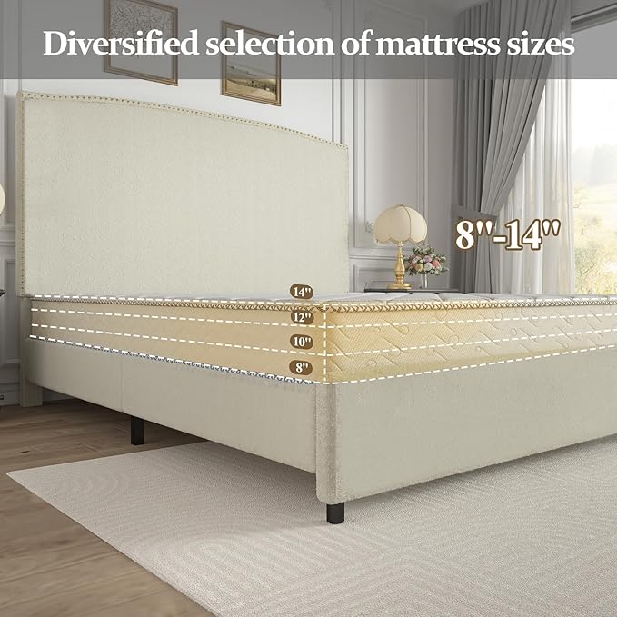 Queen Size Bed Frame with Headboard, Soft Boucle Fabric, No Box Spring Needed - Image 6