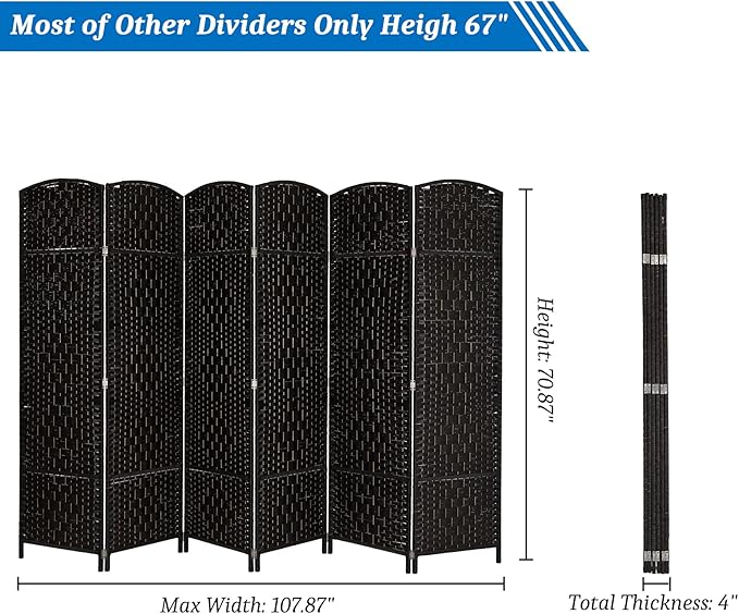 VINGLI 6-Panels Tall Rattan Room Divider, 6 FT Folding Privacy Screen, Indoor - Image 5