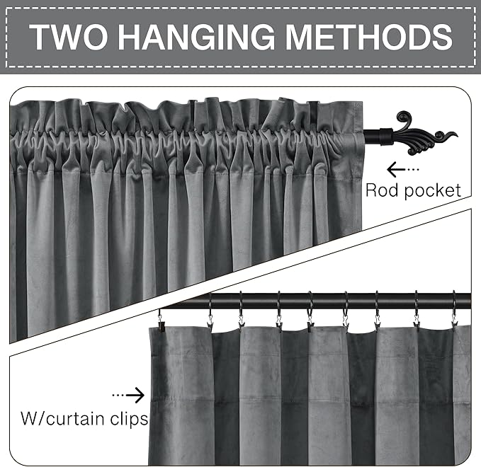 StangH Grey Velvet Curtains 84 inches Room Darkening Window Curtain Drapes - Image 3