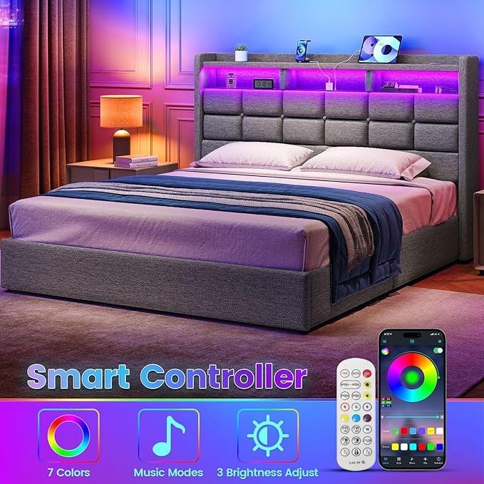 Lift Up Queen Bed Frame with Storage, Upholstered Bed Frame Queen Size with LED - Image 3