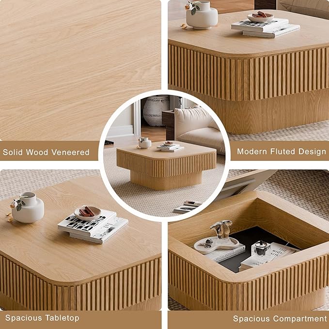 Square Small Coffee Table with Storage, Modern Wooden Coffee Table with Solid - Image 4