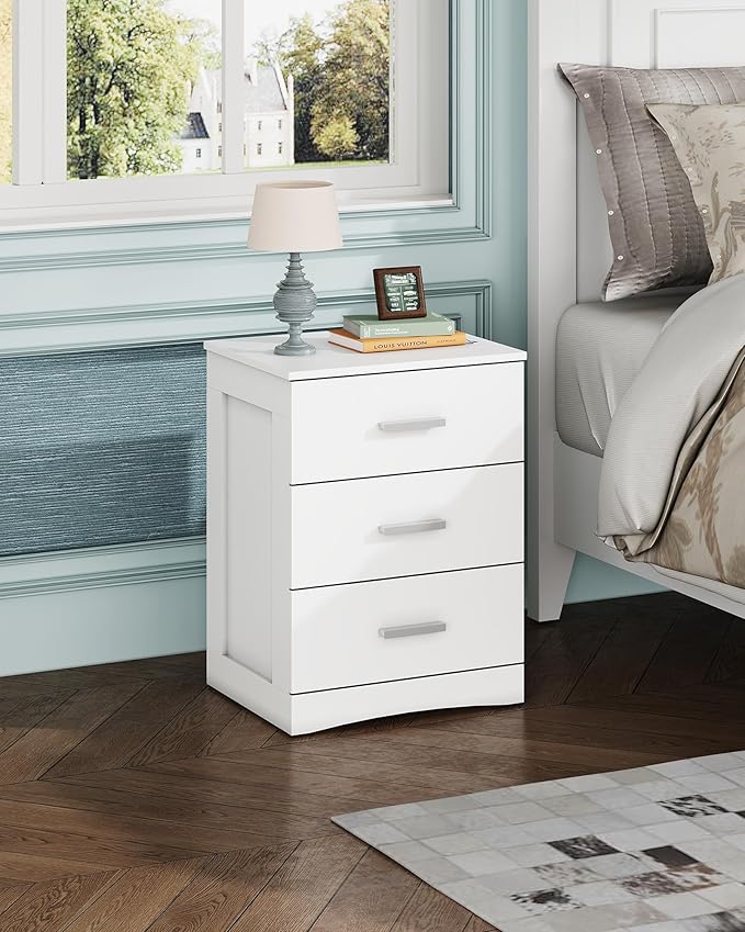 WLIVE White Night Stand with 3 Drawers, Small Nightstand with Storage, Wooden - Image 2