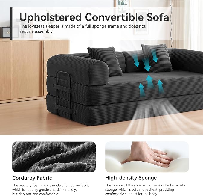 Convertible Sleeper Bed with 2 Cylindrical Pillow, Comfy Foldable Bed - Image 6