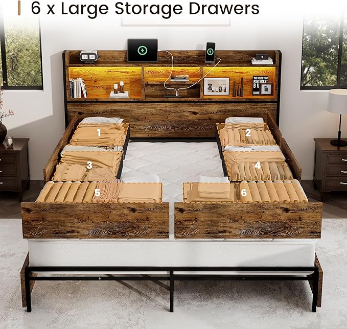 King Storage Bed Frame with 6 Drawers, USB Charging Station, No Noise, No Box - Image 3
