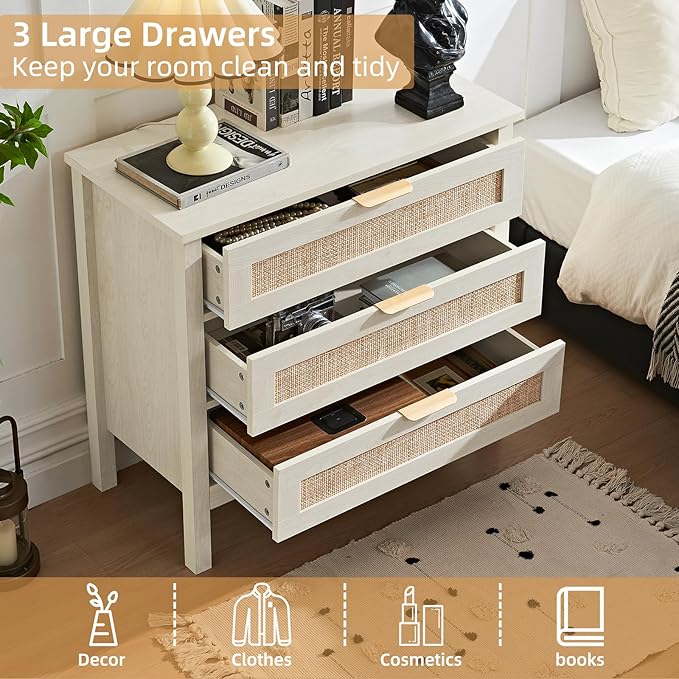 LEYAOYAO 31.5" Wide Rattan Nightstand, Large Boho 3 Drawer Night Stand - Image 4