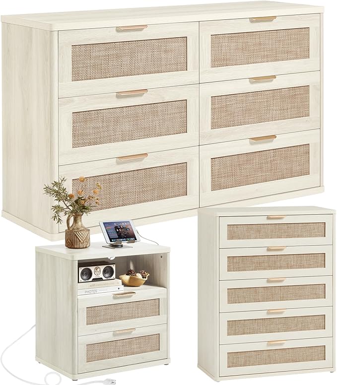 LEYAOYAO Rattan Dresser and Nightstand Set of 3, Boho Wood Dresser by LEYAOYAO-Findtheshiningpointofyourideallife%EF%BC%81
