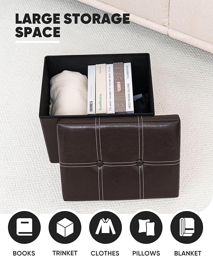 B FSOBEIIALEO Folding Storage Ottoman Cube, Faux Leather Footrest Seat Coffee - Image 4