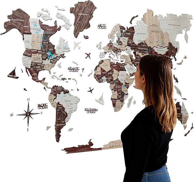 Handmade 3D Wood World Map Wall Art Large Wall Decor Track Your World Travels by Awesometik