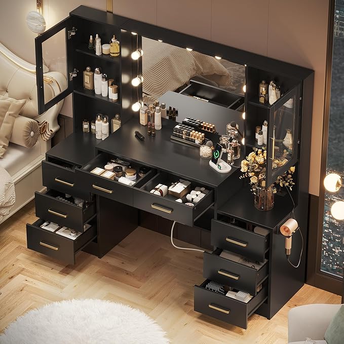 Black Vanity Desk with Mirror, Lights & Charging Station, 58.3" 3 Lighting - Image 2