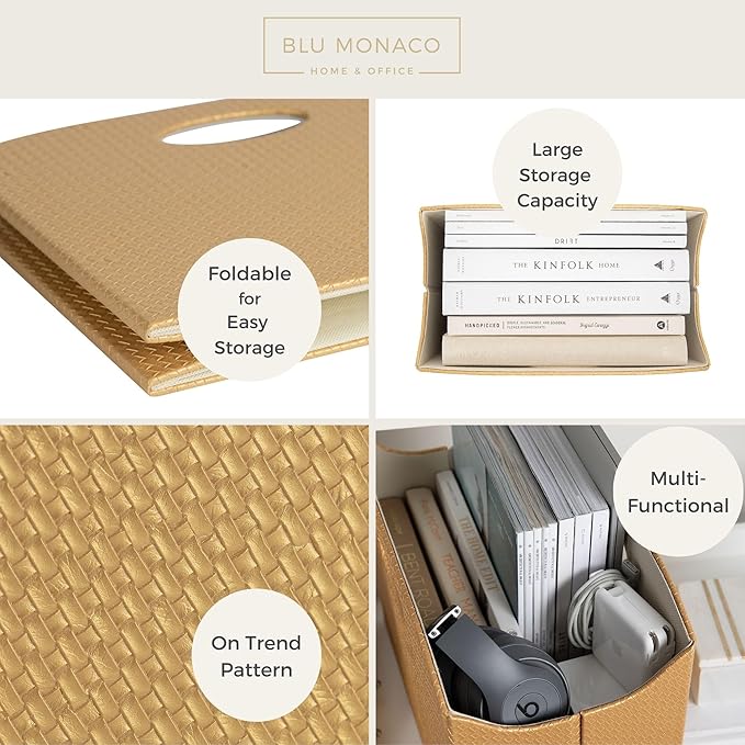 BLU MONACO | Gold Magazine Holder | Woven PVC Leather Organizer - Image 4