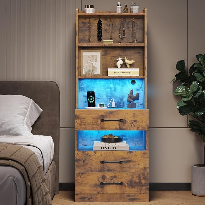 VIAGDO Tall Nightstand with Charging Station and LED Lights, Rustic Brown Night by VIAGDO