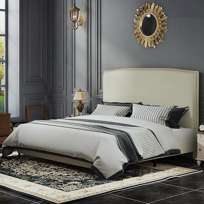 King Size Bed Frame with Upholstered Headboard, Soft Boucle Fabric & Gold by BarnFurin
