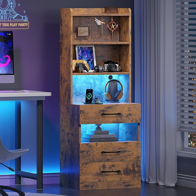 VIAGDO Tall Nightstand with Charging Station and LED Lights, Rustic Brown Night - Image 8