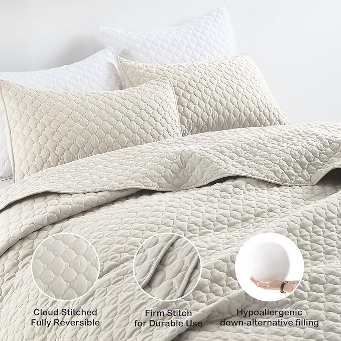 HORIMOTE HOME Quilt Set King Size Beige Bedspread, Modern Style Quilted Clouds - Image 5