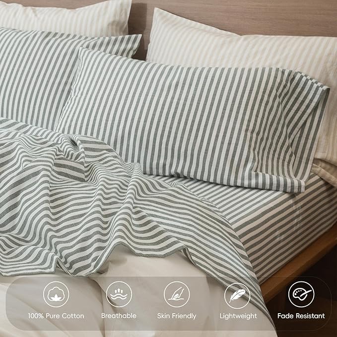 MooMee Striped Fitted Bottom Sheet Only 100% Washed Cotton Linen Like Textured - Image 4