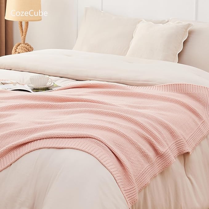 CozeCube Pink Throw Blanket for Couch, Soft Cozy Cable Knit Throw Blanket for - Image 6