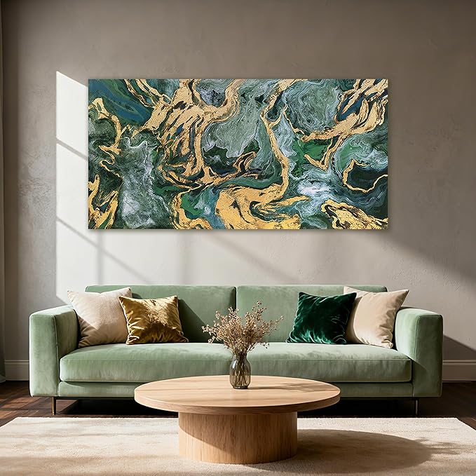 YETHEN WAL Green and Gold Abstract Canvas Wall Art 24×48 inch Horizontal - Image 2