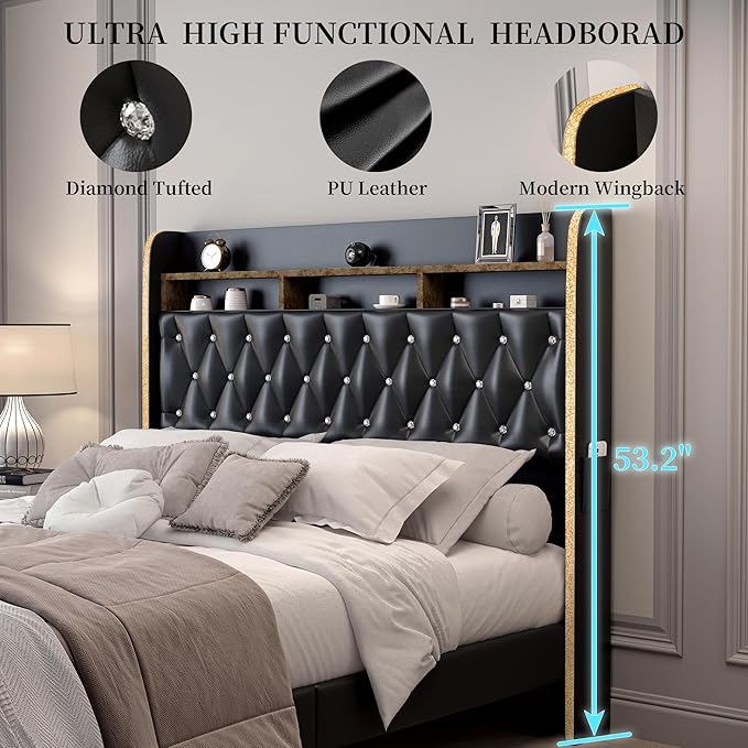 King LED Bed Frame with 2 Storage Drawers, PU Upholstered Platform Beds with - Image 7