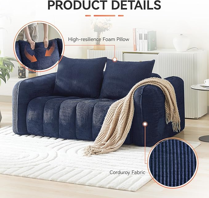 66'' Boneless Corduroy Loveseat Sofa, 2 Seater Tufted Deep Seat Couch - Image 3