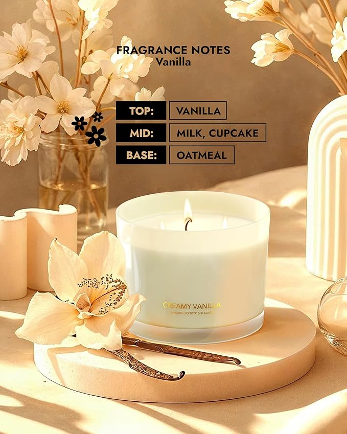 96NORTH Creamy Vanilla Scented Candles | Large 3 Wick Jar Candle | Up to 40 - Image 4