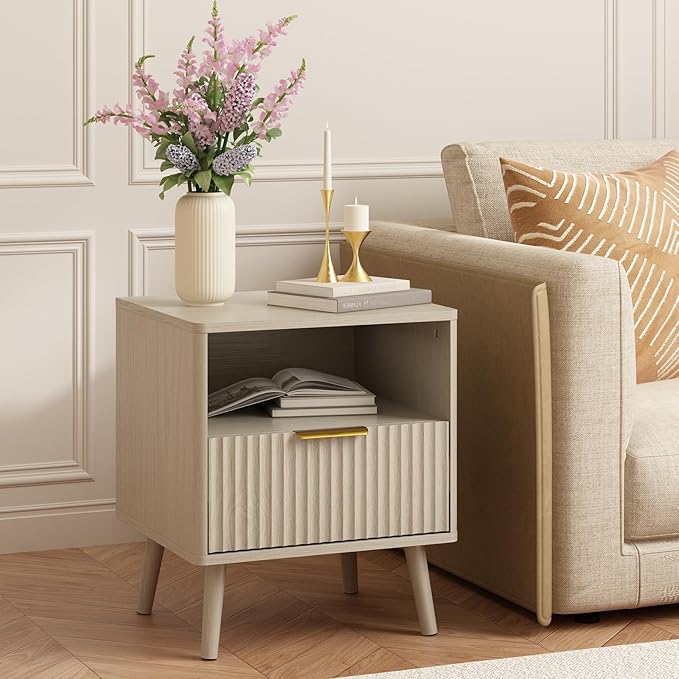 CARPETNAL Fluted Nightstand, Wood End Table Mid Century Night Stands by CARPETNAL