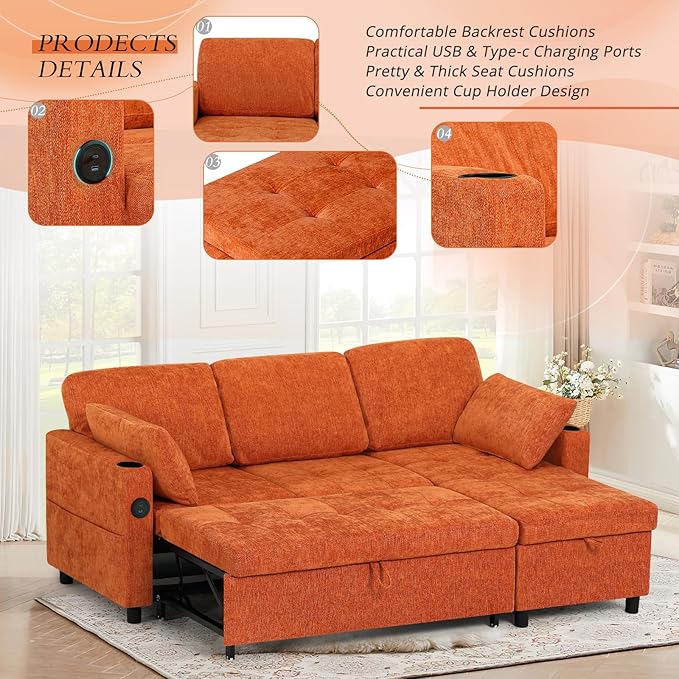 84" Chenille Pull Out Sofa Bed w/Adjustable Backrest, L-Shape Modern Sleeper - Image 5