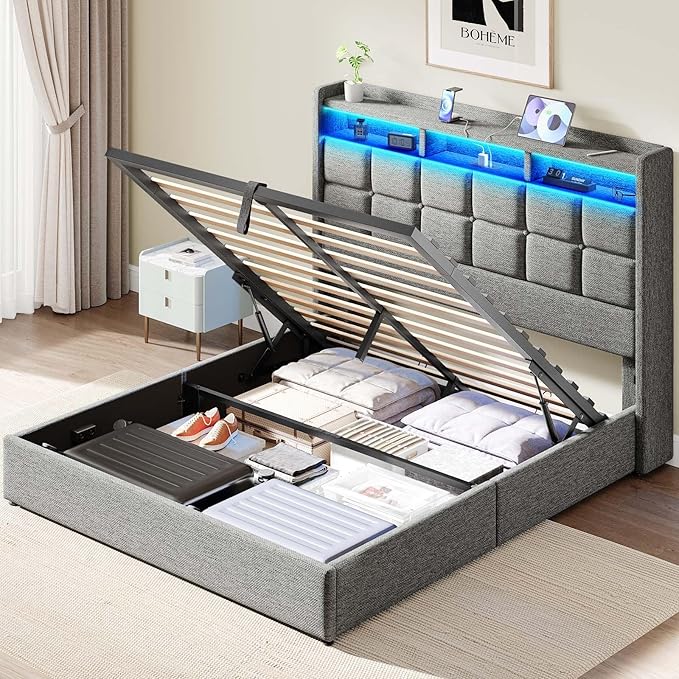 Lift Up Queen Bed Frame with Storage, Upholstered Bed Frame Queen Size with LED by Driftalia